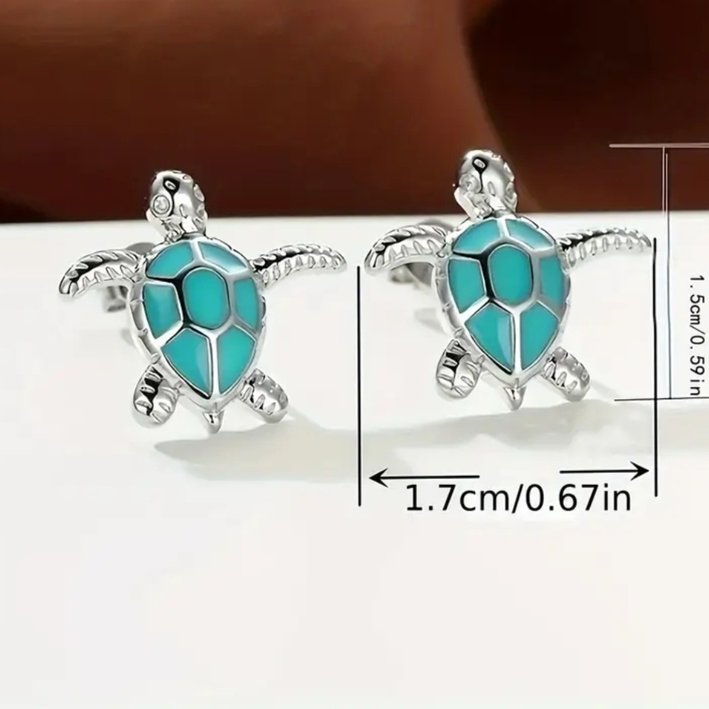 Silver Turtle Stud Earrings with Turquoise Inlay - Picture 4 of 5